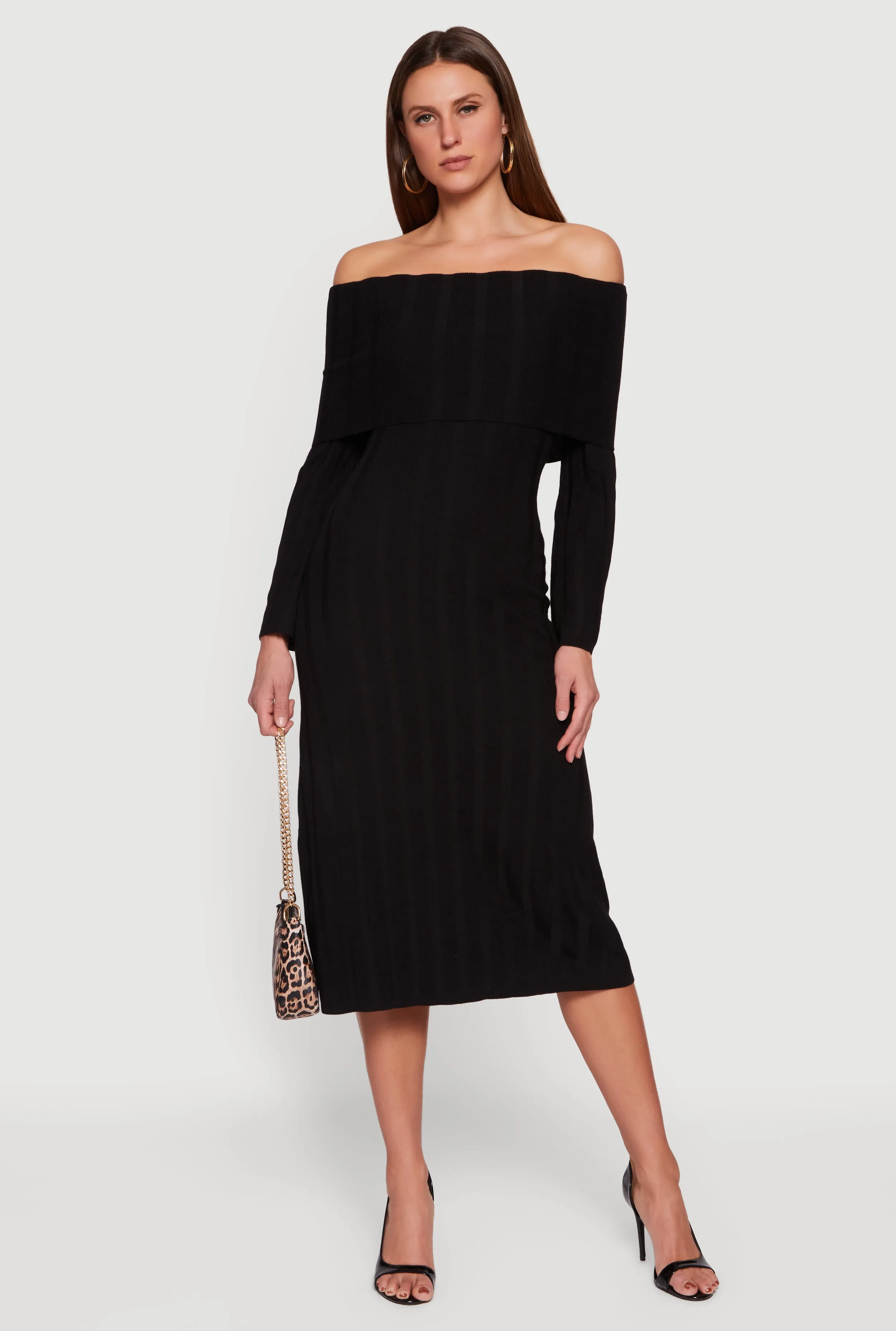 Fold Over Off the Shoulder Ribbed Knit Midi Dress sold by Rainbow