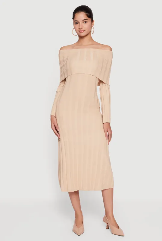 Fold Over Off the Shoulder Ribbed Knit Midi Dress sold by Rainbow