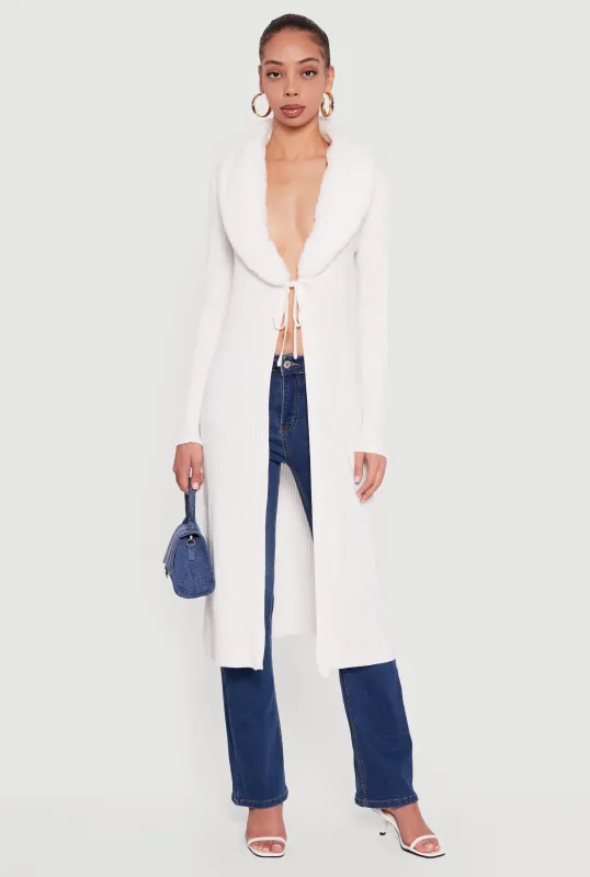 Long Tie Front Duster with Removable Faux Fur Collar sold by Rainbow