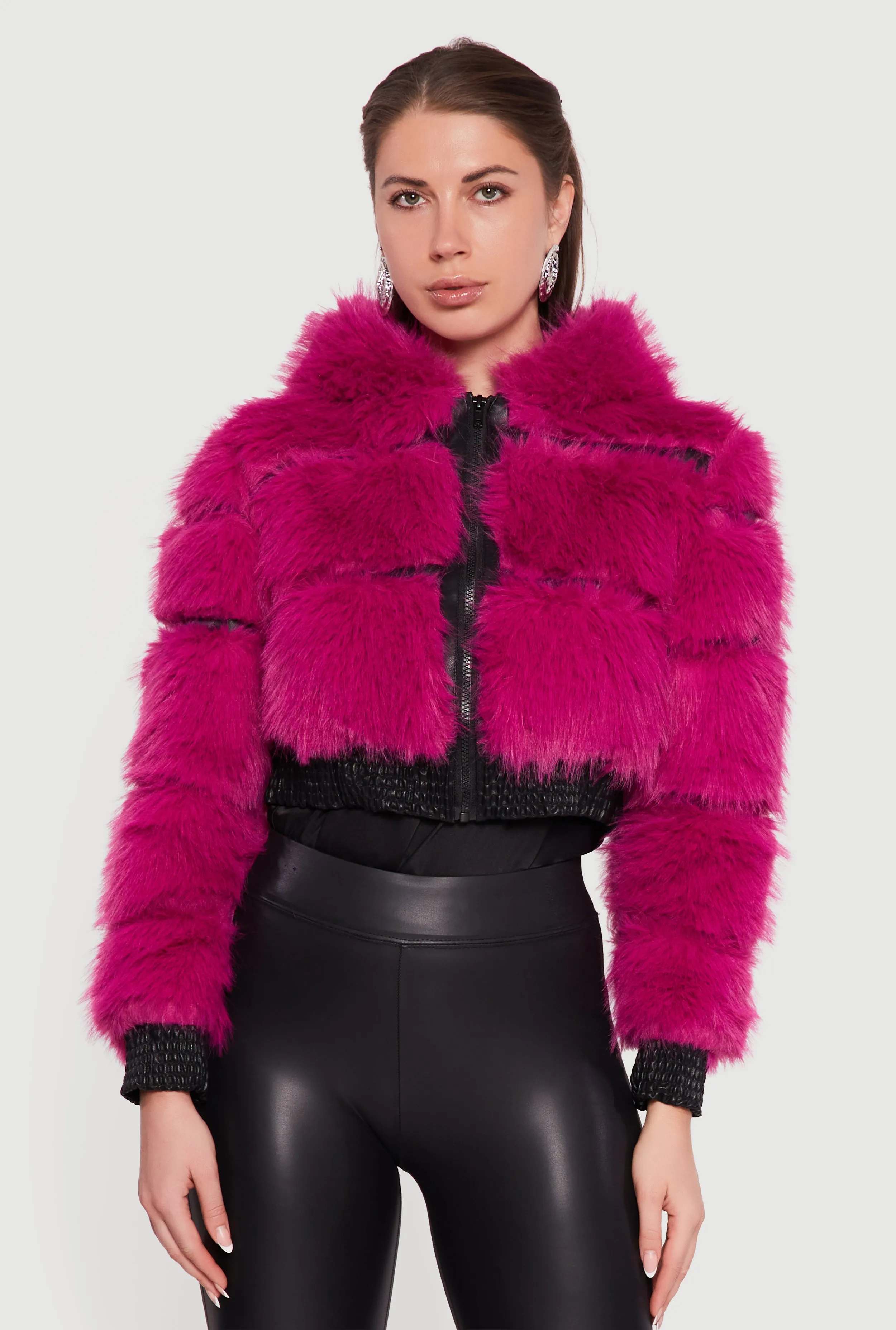 Faux Leather Trim Zip Front Hooded Faux Fur Jacket sold by Rainbow product image thumbnail 2