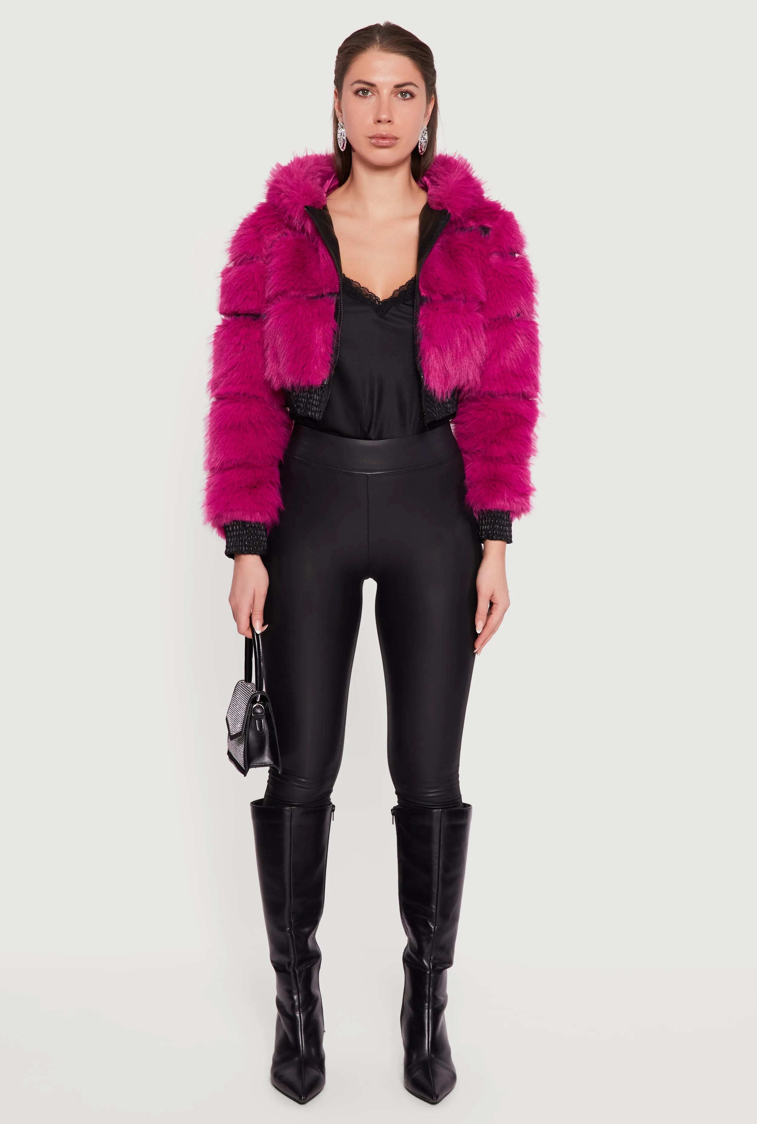 Faux Leather Trim Zip Front Hooded Faux Fur Jacket sold by Rainbow product image thumbnail 3