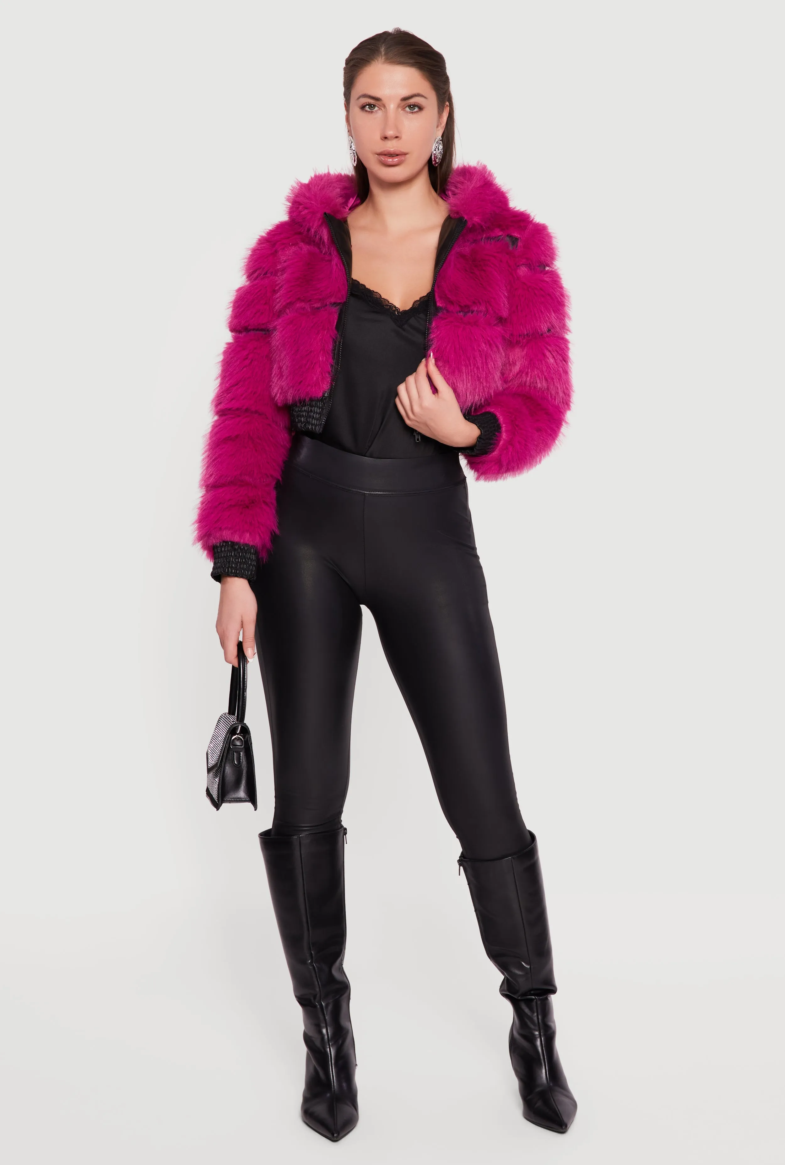 Faux Leather Trim Zip Front Hooded Faux Fur Jacket sold by Rainbow