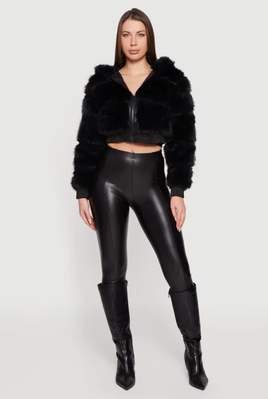 Faux Leather Trim Zip Front Hooded Faux Fur Jacket sold by Rainbow