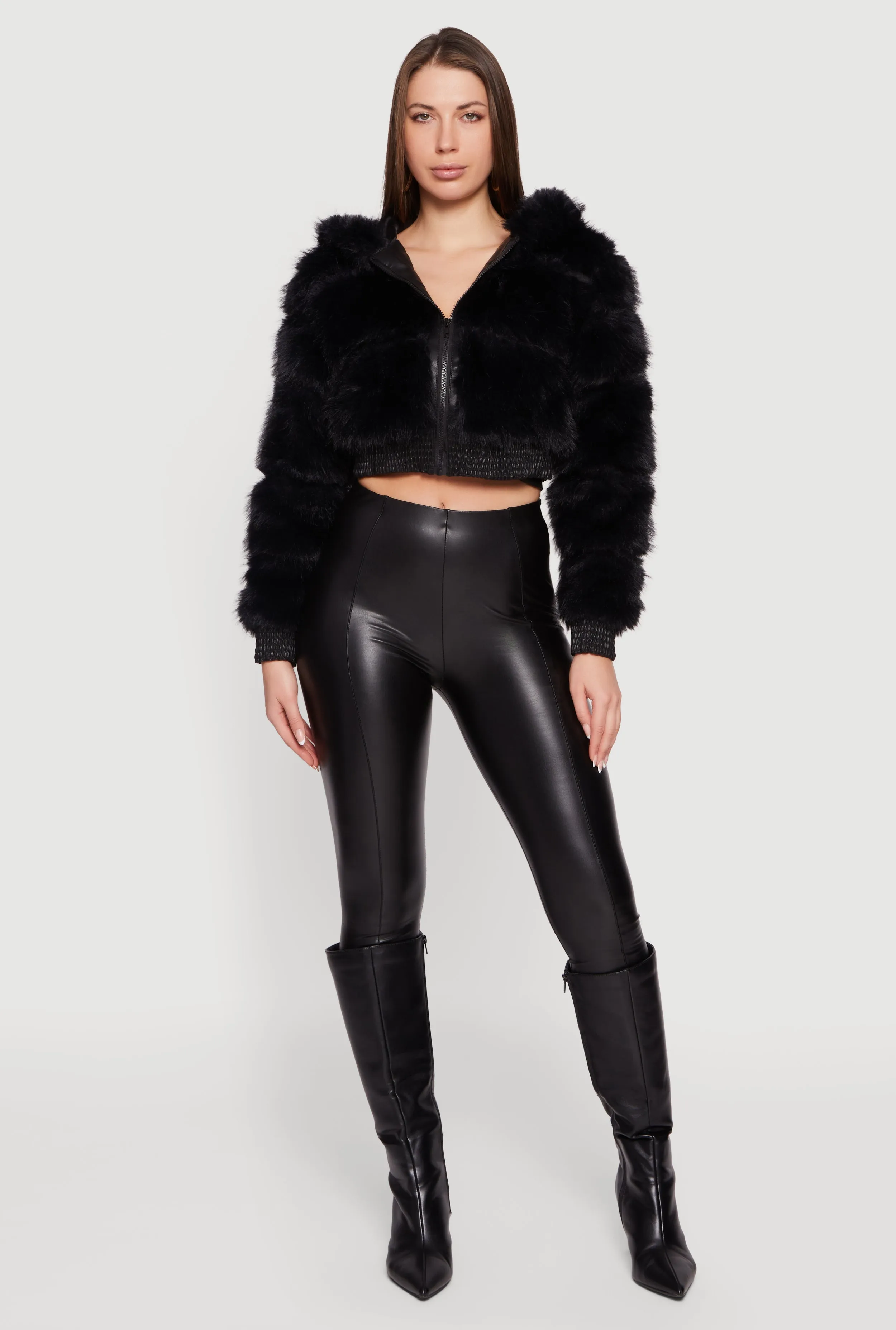 Faux Leather Trim Zip Front Hooded Faux Fur Jacket sold by Rainbow