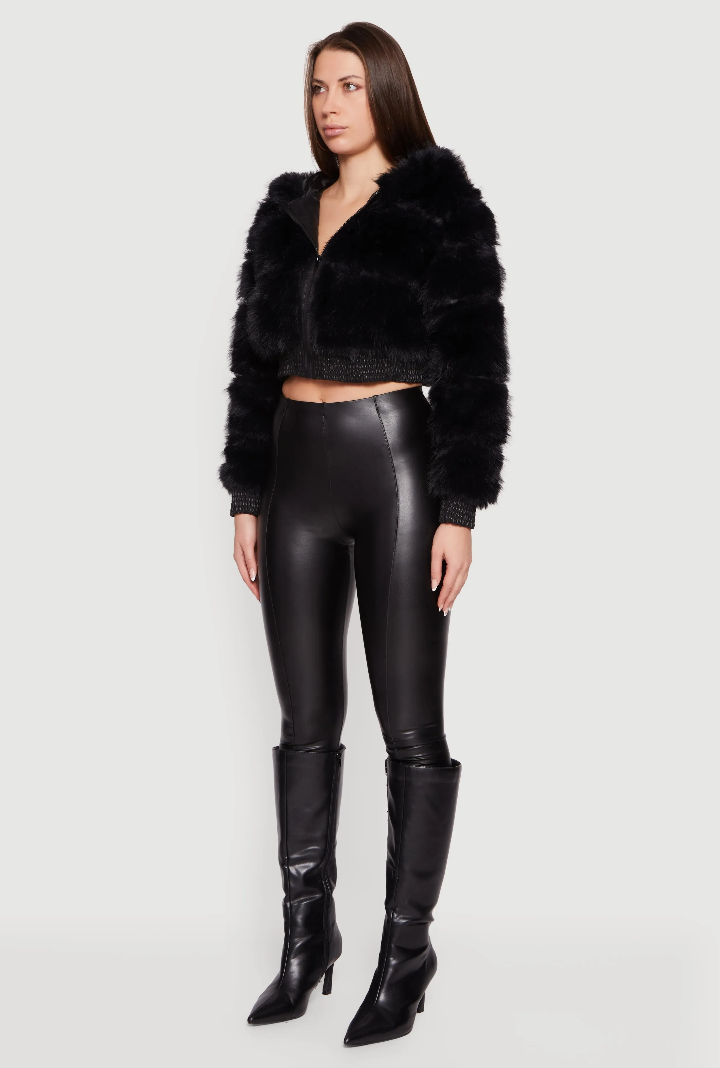 Faux Leather Trim Zip Front Hooded Faux Fur Jacket sold by Rainbow product image thumbnail 5