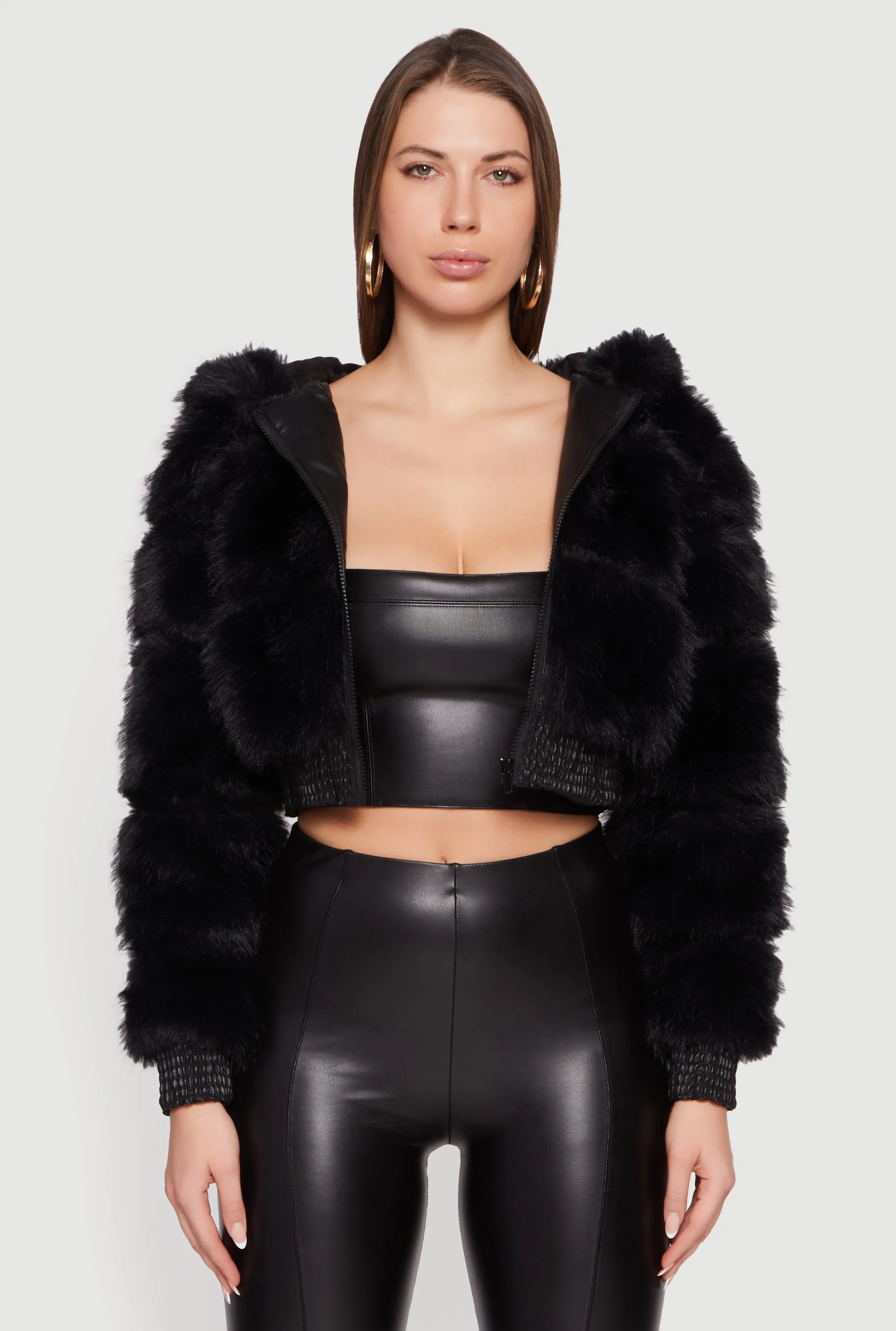 Faux Leather Trim Zip Front Hooded Faux Fur Jacket sold by Rainbow product image thumbnail 2