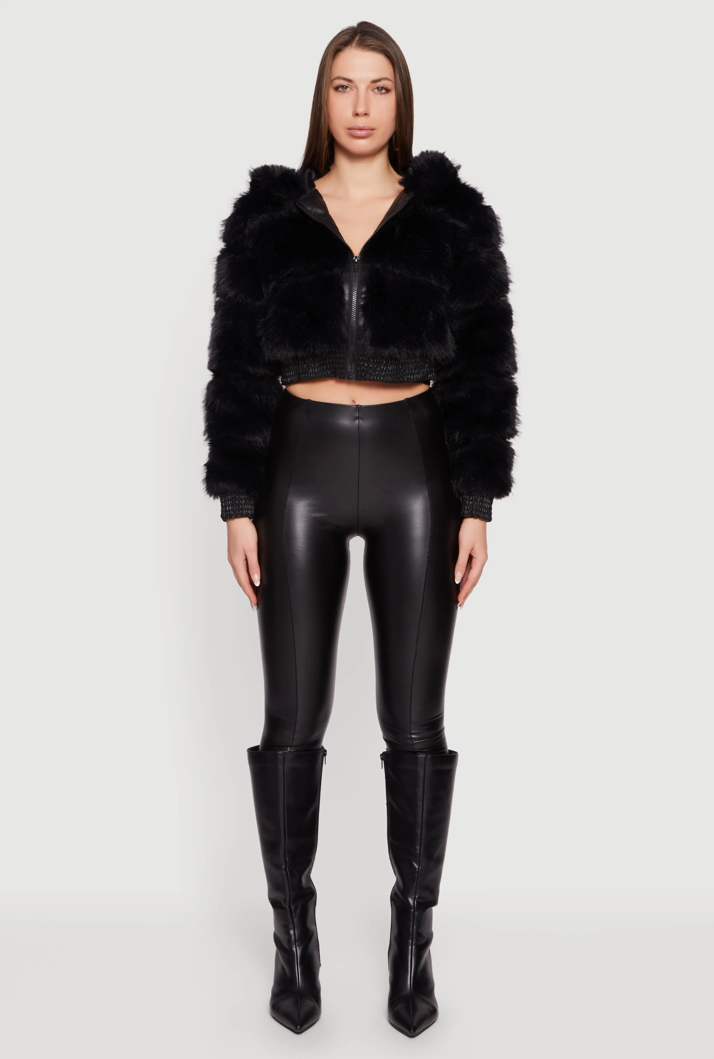 Faux Leather Trim Zip Front Hooded Faux Fur Jacket sold by Rainbow product image thumbnail 3