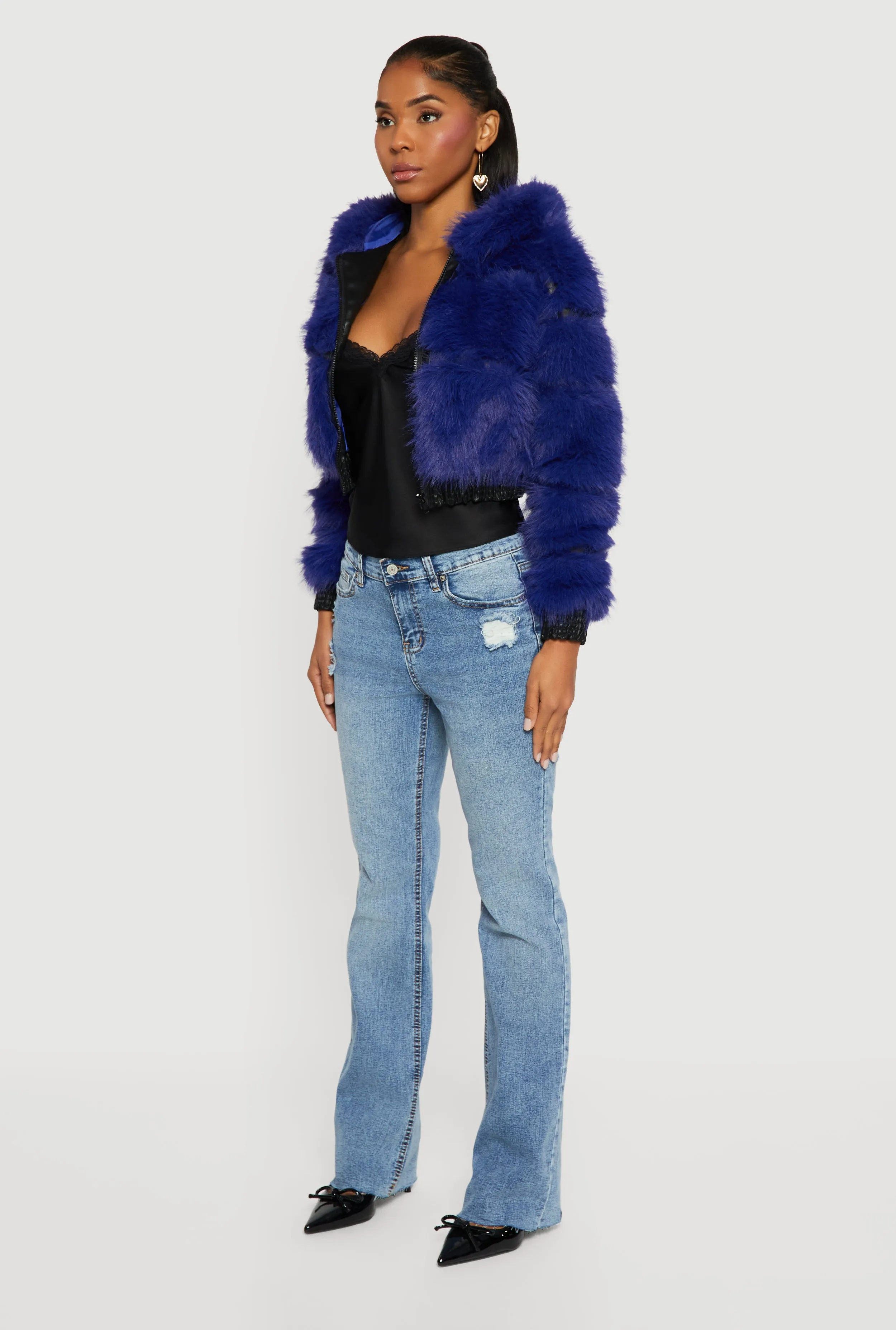 Faux Leather Trim Zip Front Hooded Faux Fur Jacket sold by Rainbow product image thumbnail 5