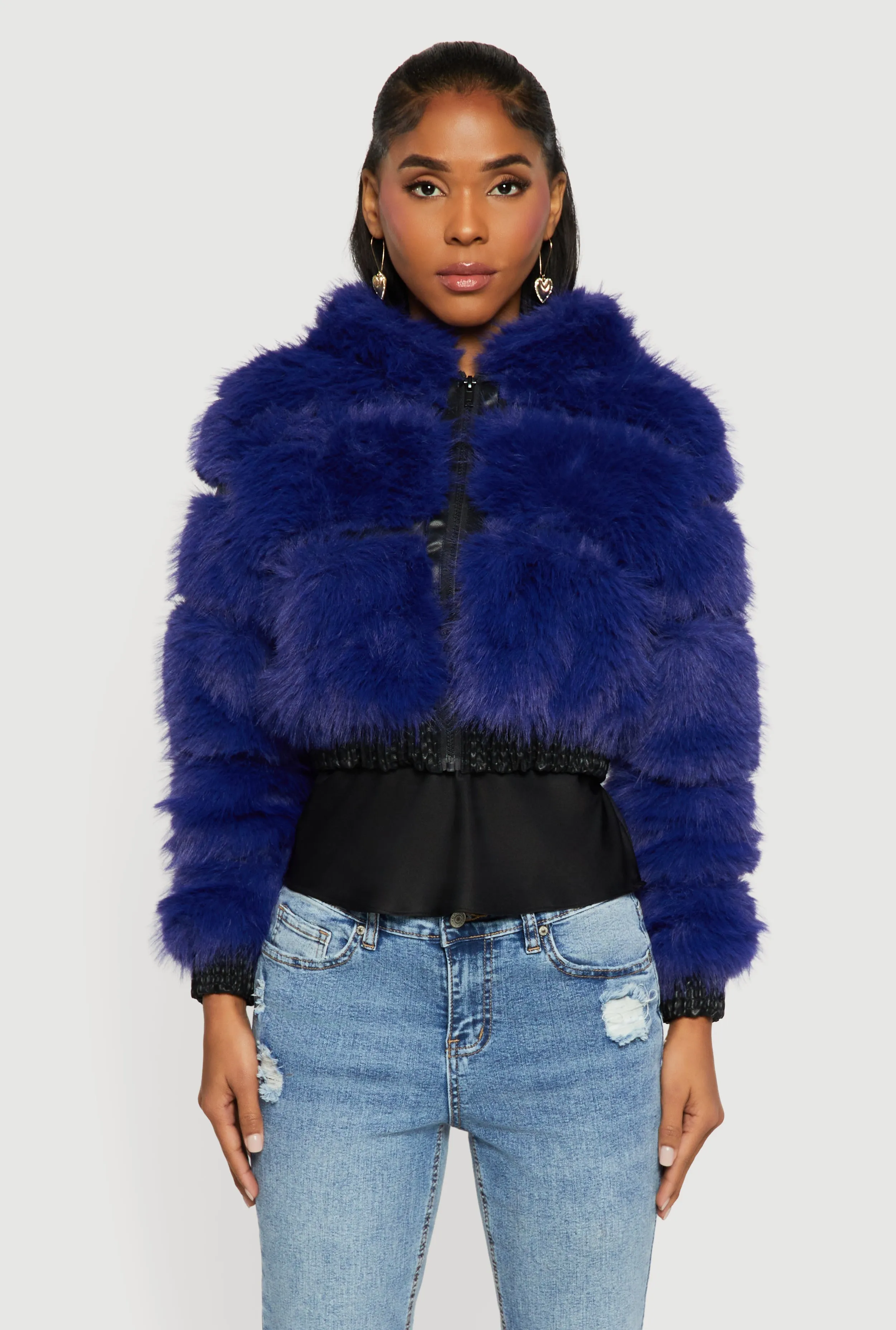 Faux Leather Trim Zip Front Hooded Faux Fur Jacket sold by Rainbow product image thumbnail 2