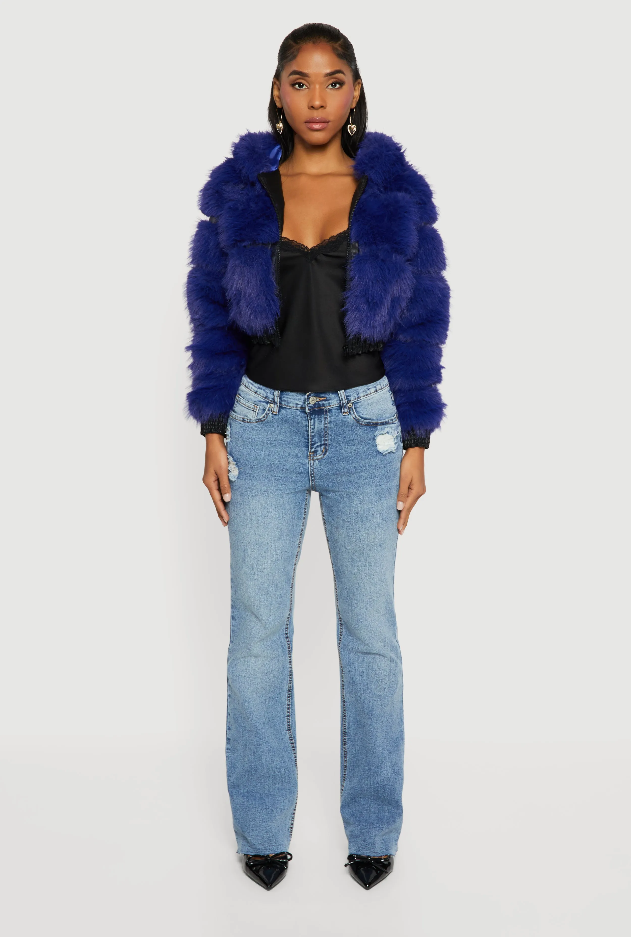 Faux Leather Trim Zip Front Hooded Faux Fur Jacket sold by Rainbow product image thumbnail 3