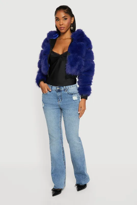 Faux Leather Trim Zip Front Hooded Faux Fur Jacket sold by Rainbow