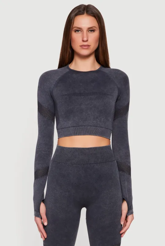 Acid Wash Laser Cut Long Sleeve Crop Top with Thumb Holes sold by Rainbow