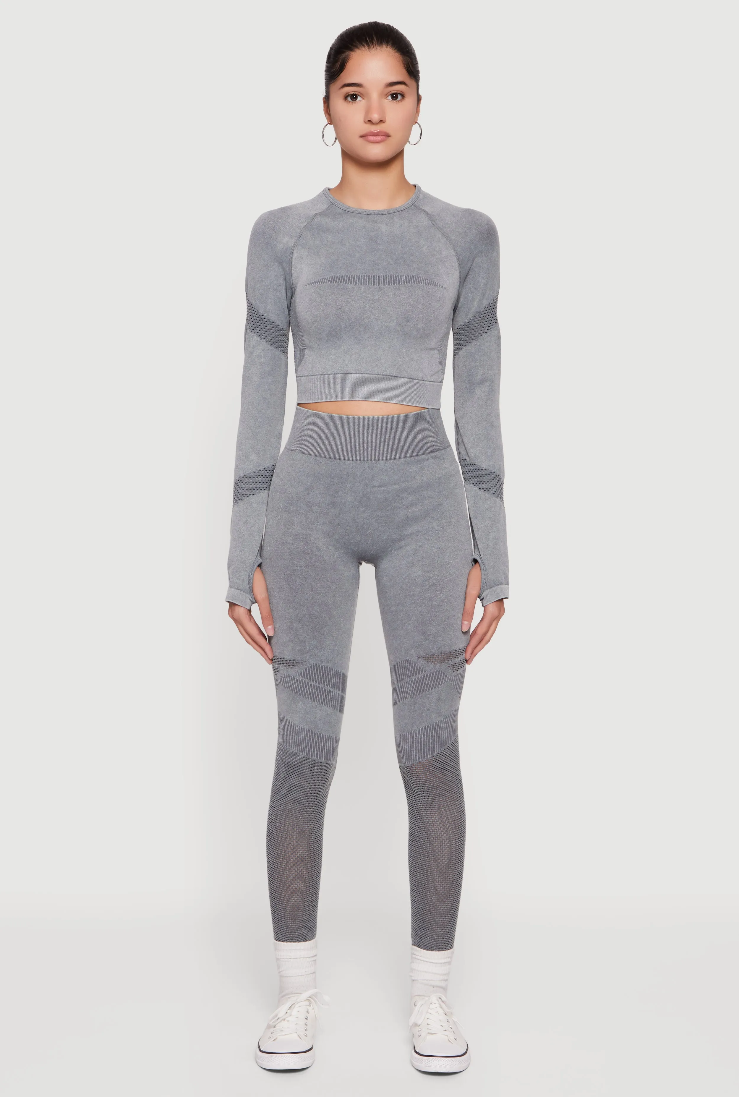 Acid Wash Laser Cut Long Sleeve Crop Top with Thumb Holes sold by Rainbow product image thumbnail 3