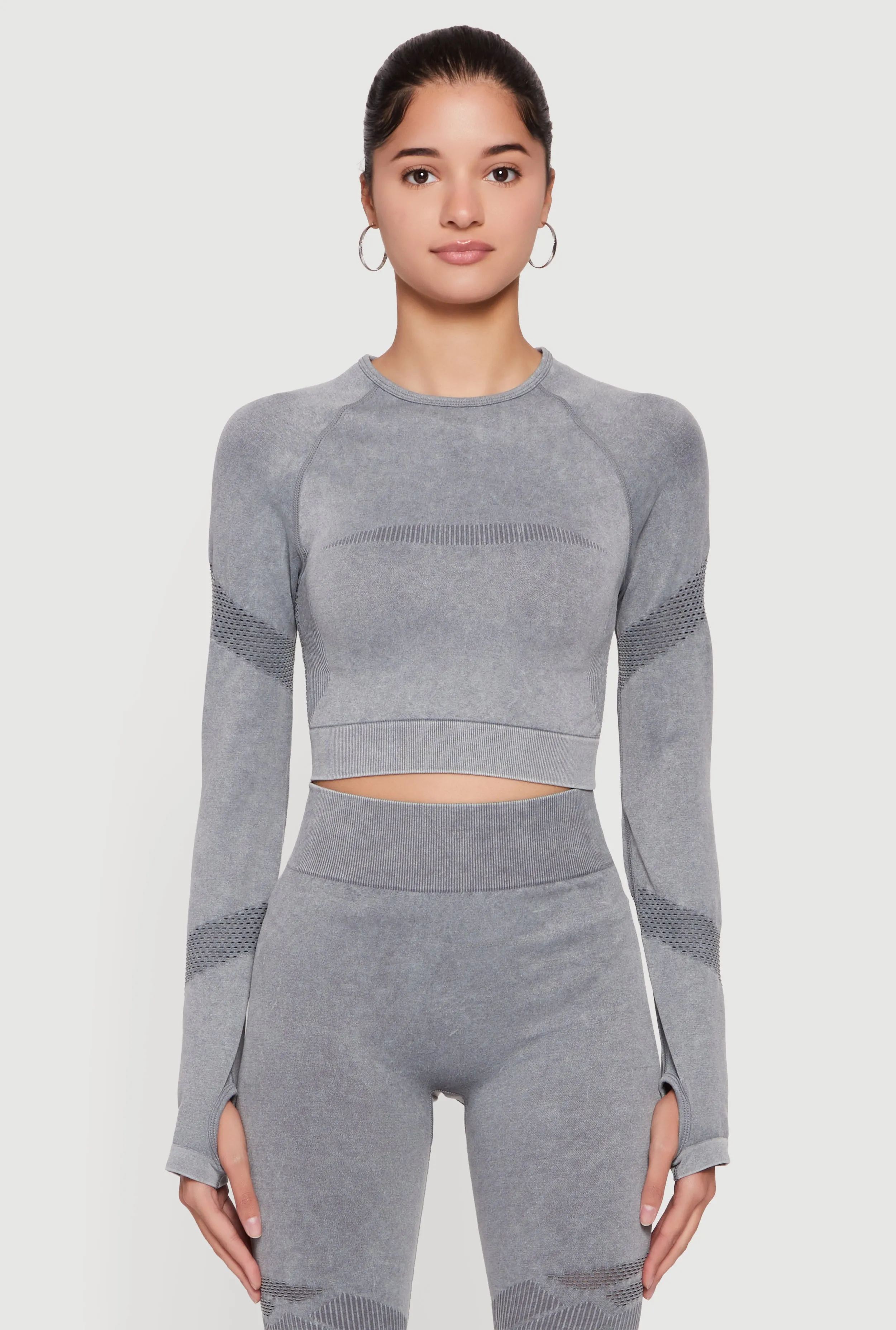 Acid Wash Laser Cut Long Sleeve Crop Top with Thumb Holes sold by Rainbow