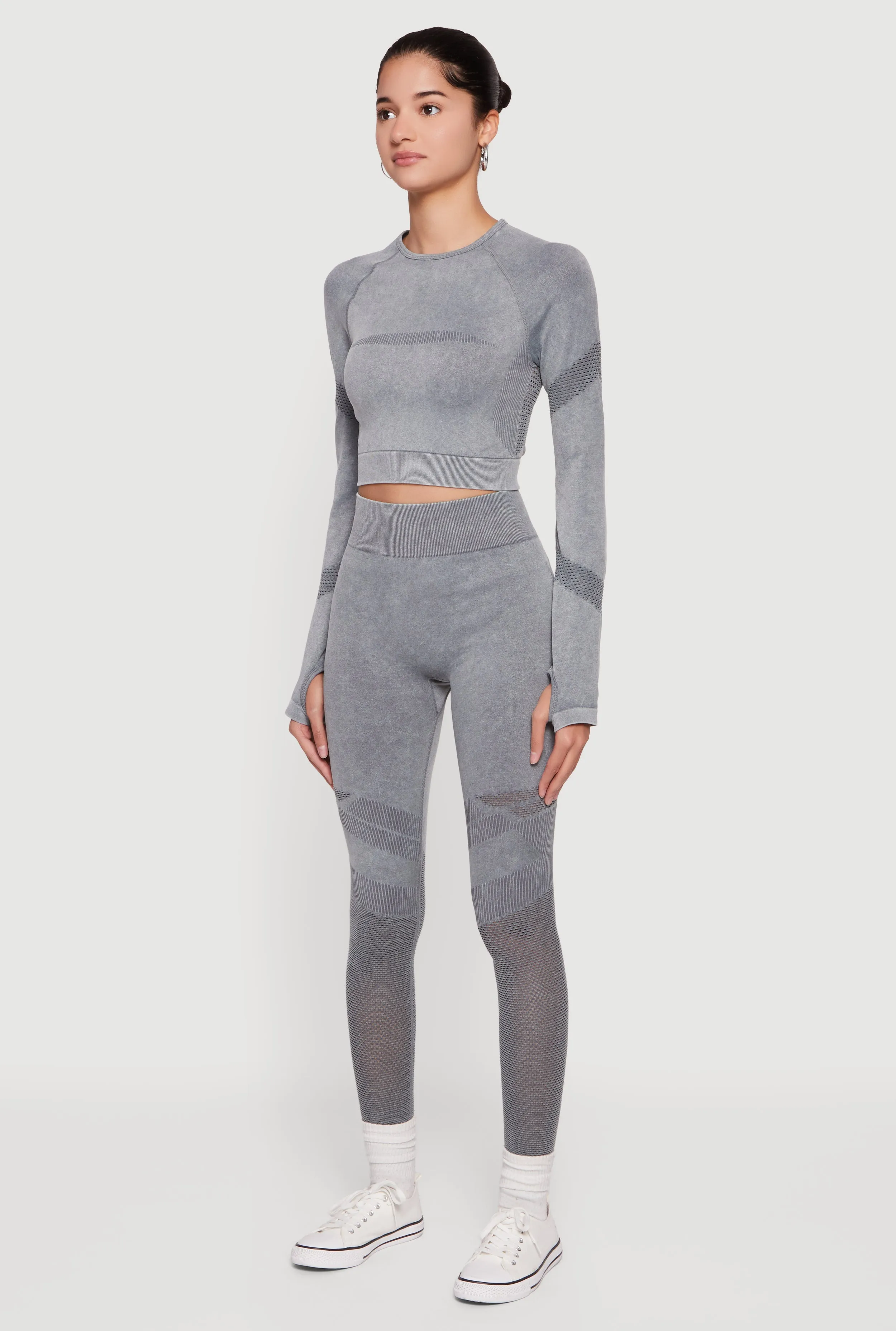 Acid Wash Laser Cut Long Sleeve Crop Top with Thumb Holes sold by Rainbow product image thumbnail 5