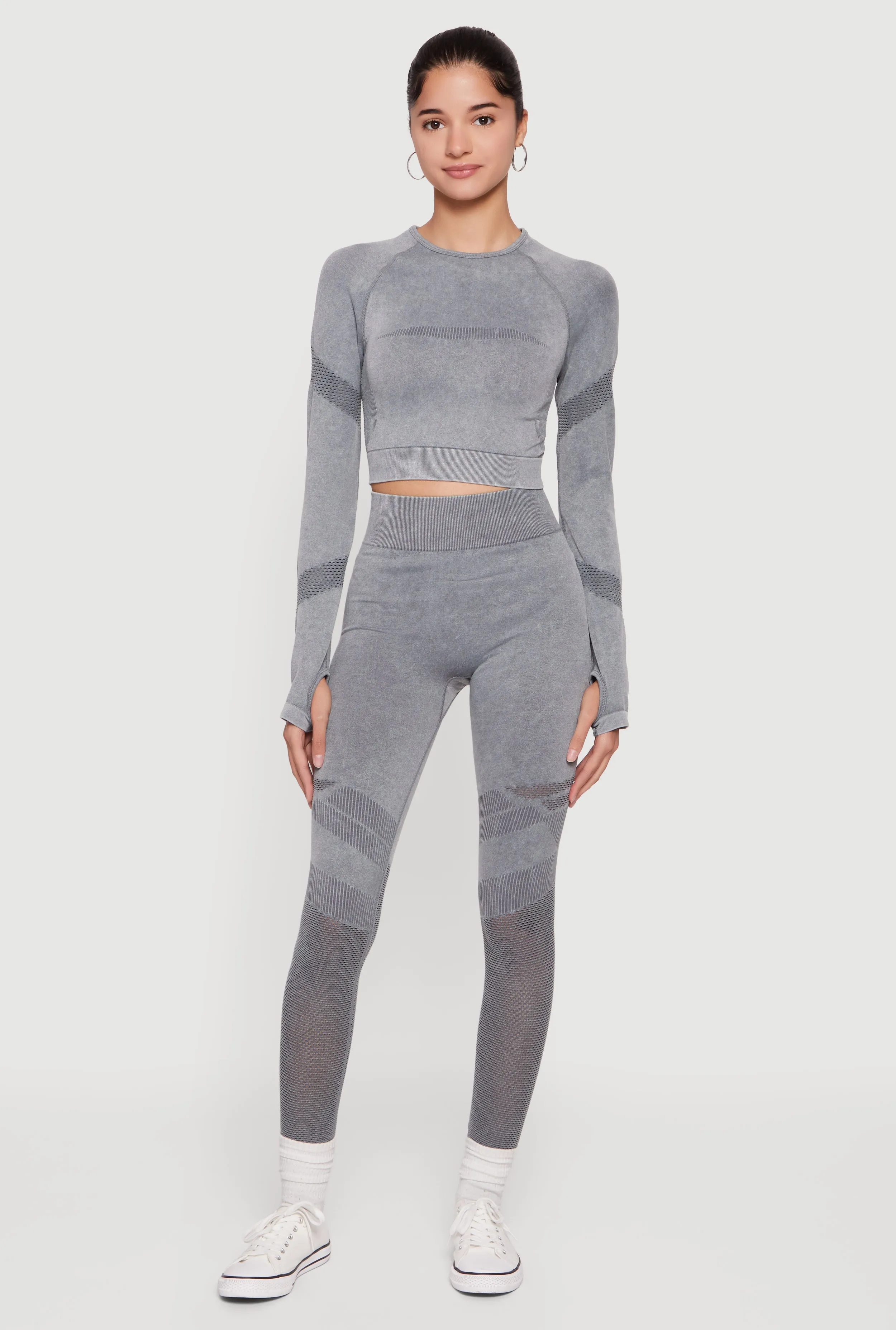 Acid Wash Laser Cut Long Sleeve Crop Top with Thumb Holes sold by Rainbow product image thumbnail 2