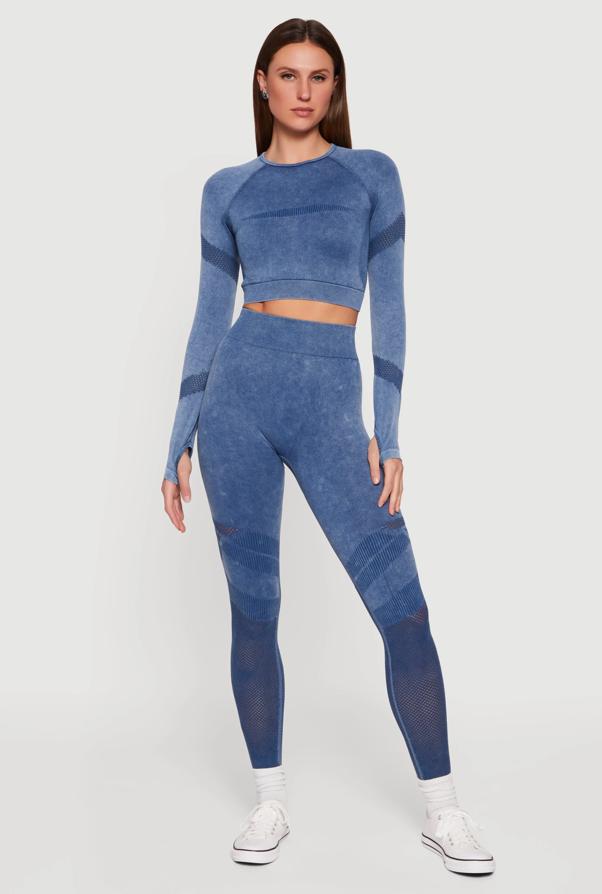 Acid Wash Laser Cut Long Sleeve Crop Top with Thumb Holes sold by Rainbow product image thumbnail 2