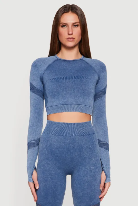 Acid Wash Laser Cut Long Sleeve Crop Top with Thumb Holes sold by Rainbow