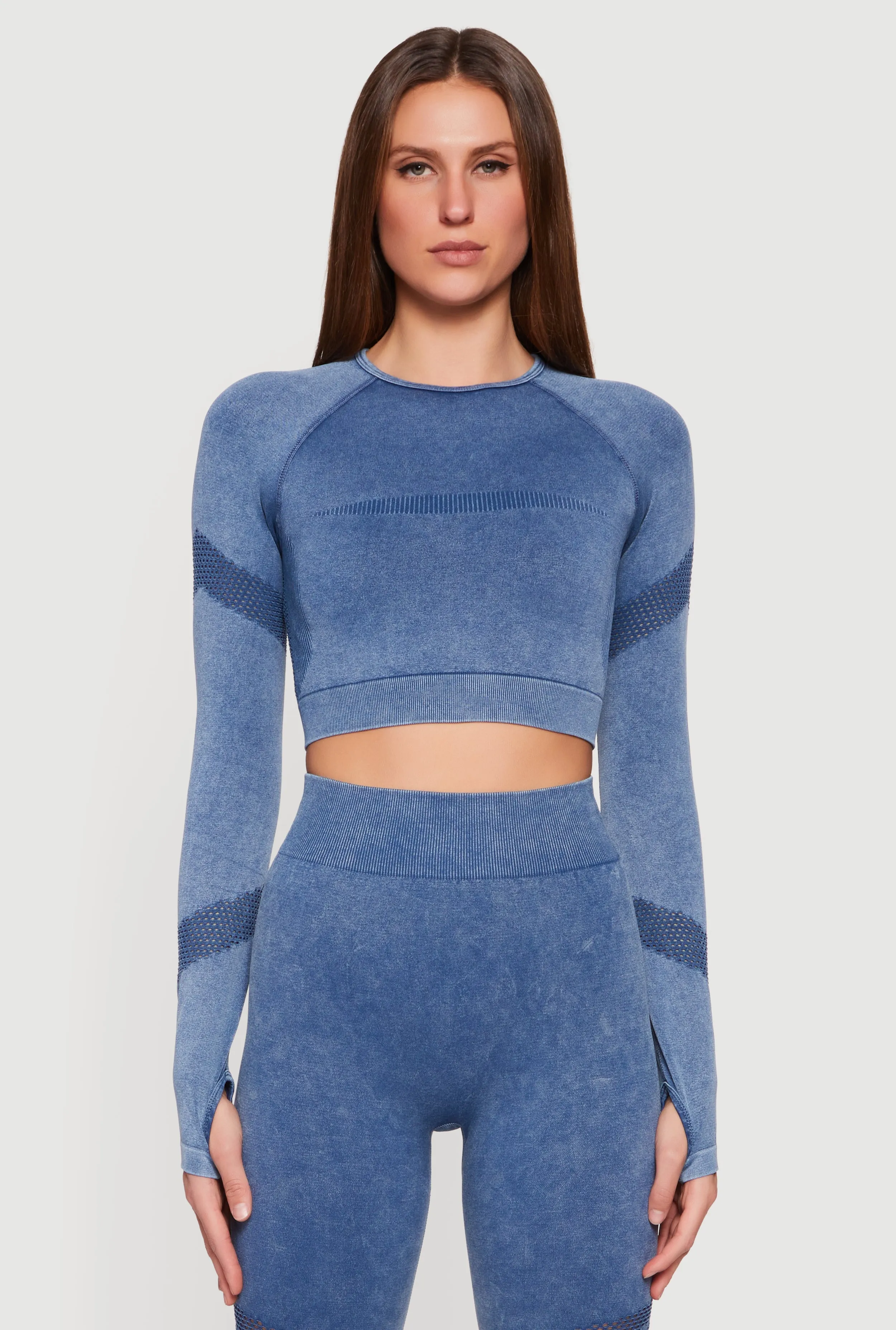 Acid Wash Laser Cut Long Sleeve Crop Top with Thumb Holes sold by Rainbow