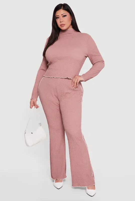 Plus Size Textured Knit Contrast Trim High Waisted Pants sold by Rainbow