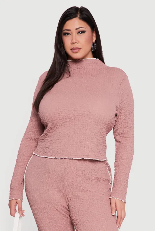 Plus Size Textured Knit Contrast Trim Mock Neck Top made by Rainbow