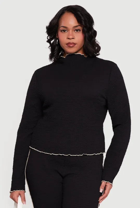 Plus Size Textured Knit Contrast Trim Mock Neck Top made by Rainbow