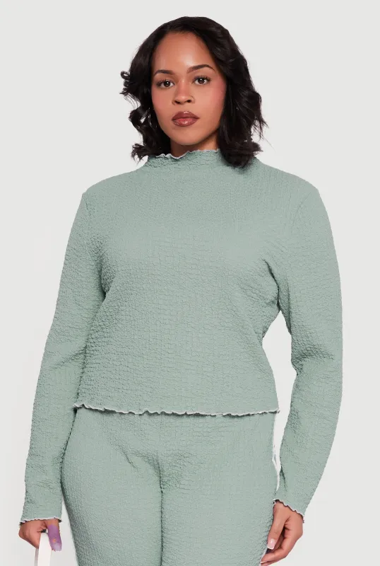 Plus Size Textured Knit Contrast Trim Mock Neck Top made by Rainbow
