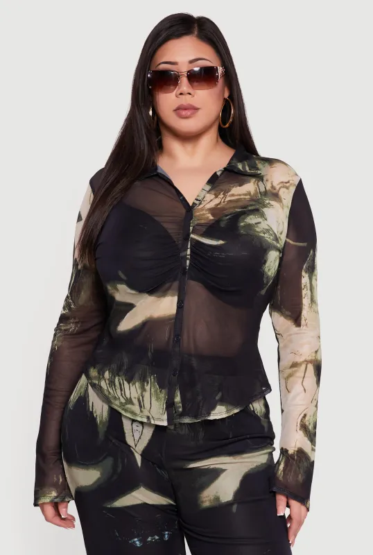 Plus Size Long Sleeve Mesh Printed Blouse sold by Rainbow
