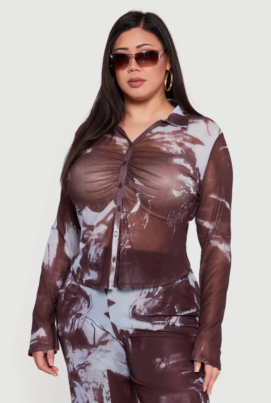 Plus Size Long Sleeve Mesh Printed Blouse sold by Rainbow