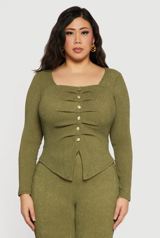 Plus Size Textured Knit Ruched Square Neck Blouse sold by Rainbow