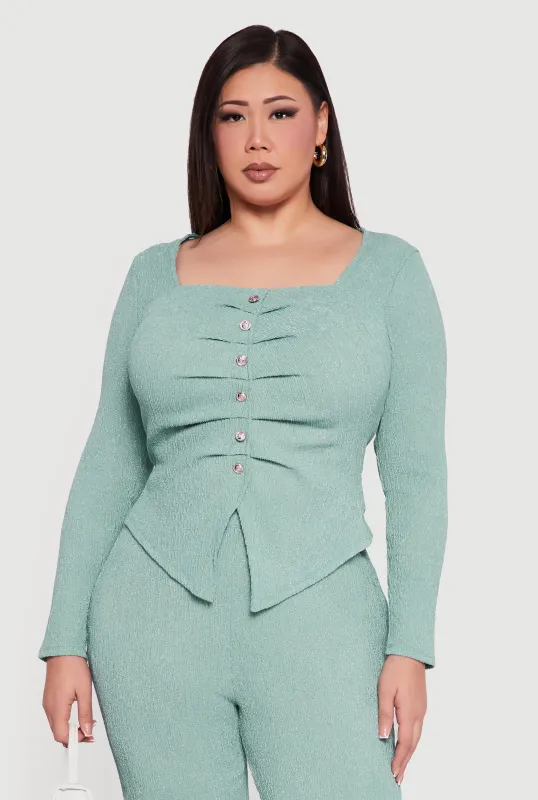 Plus Size Textured Knit Ruched Square Neck Blouse sold by Rainbow