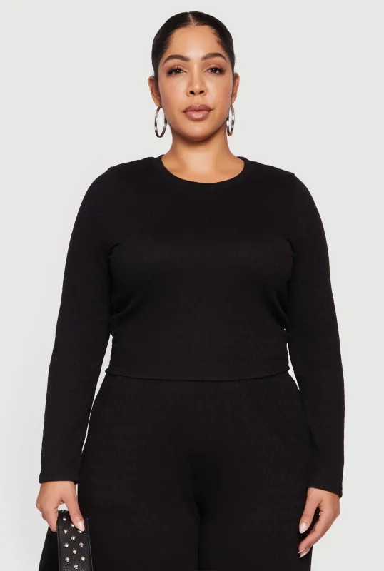 Plus Size Long Sleeve Textured Knit Tee made by Rainbow