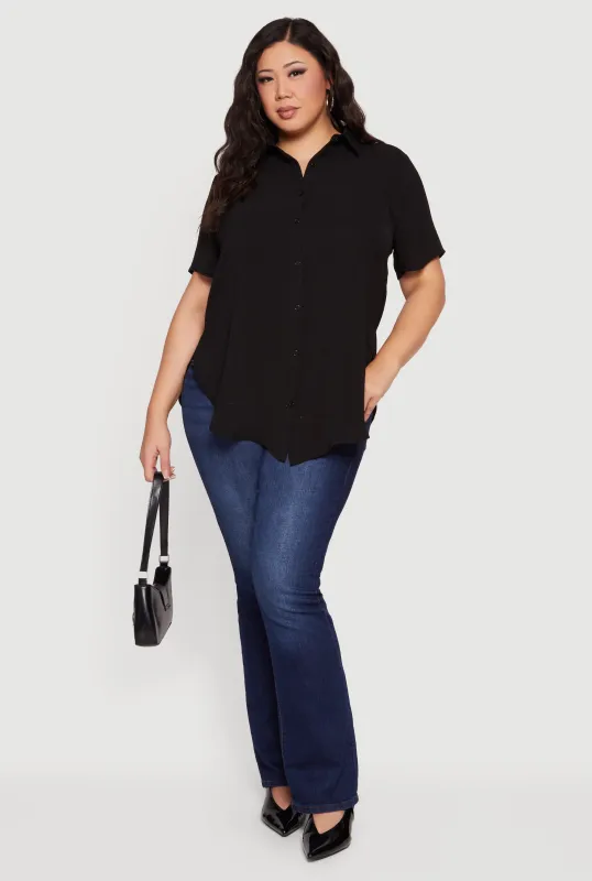 Plus Size Side Slit Short Sleeve Button Front Tunic Shirt sold by Rainbow