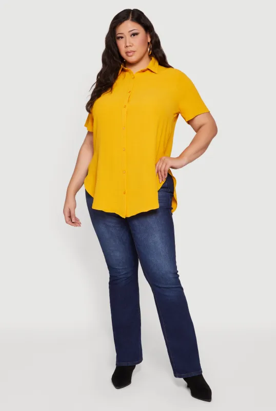Plus Size Side Slit Short Sleeve Button Front Tunic Shirt sold by Rainbow