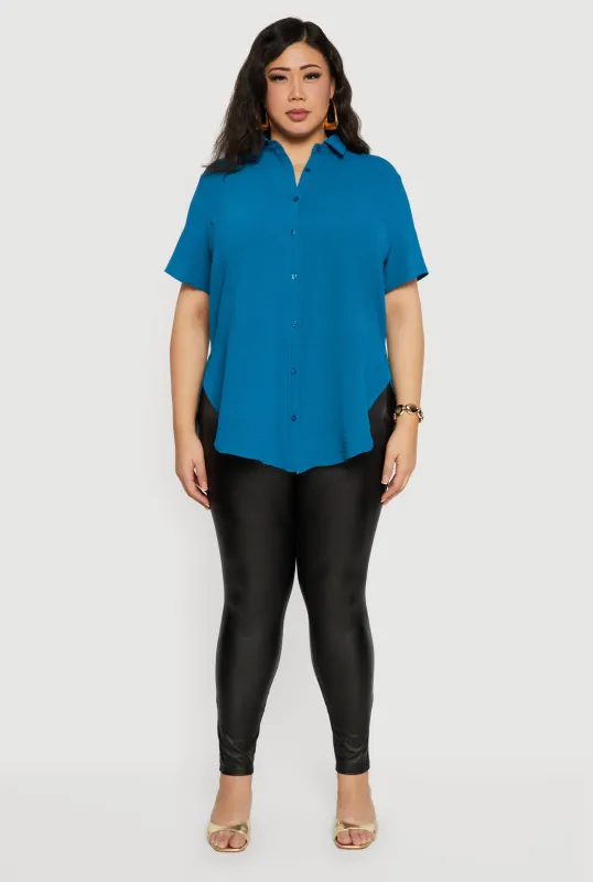 Plus Size Side Slit Short Sleeve Button Front Tunic Shirt sold by Rainbow