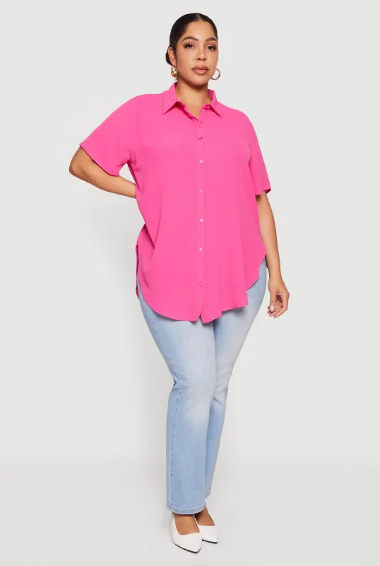 Plus Size Side Slit Short Sleeve Button Front Tunic Shirt sold by Rainbow