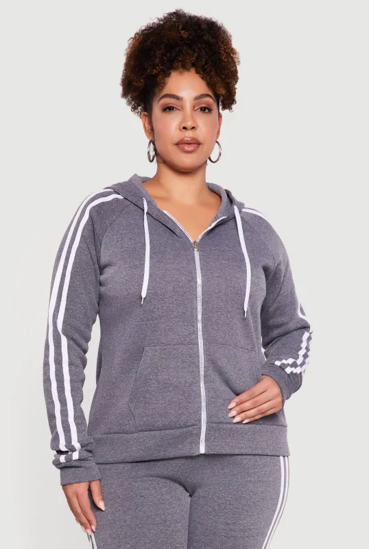 Plus Size Zip Front Hoodie with Varsity Stripe Detail sold by Rainbow