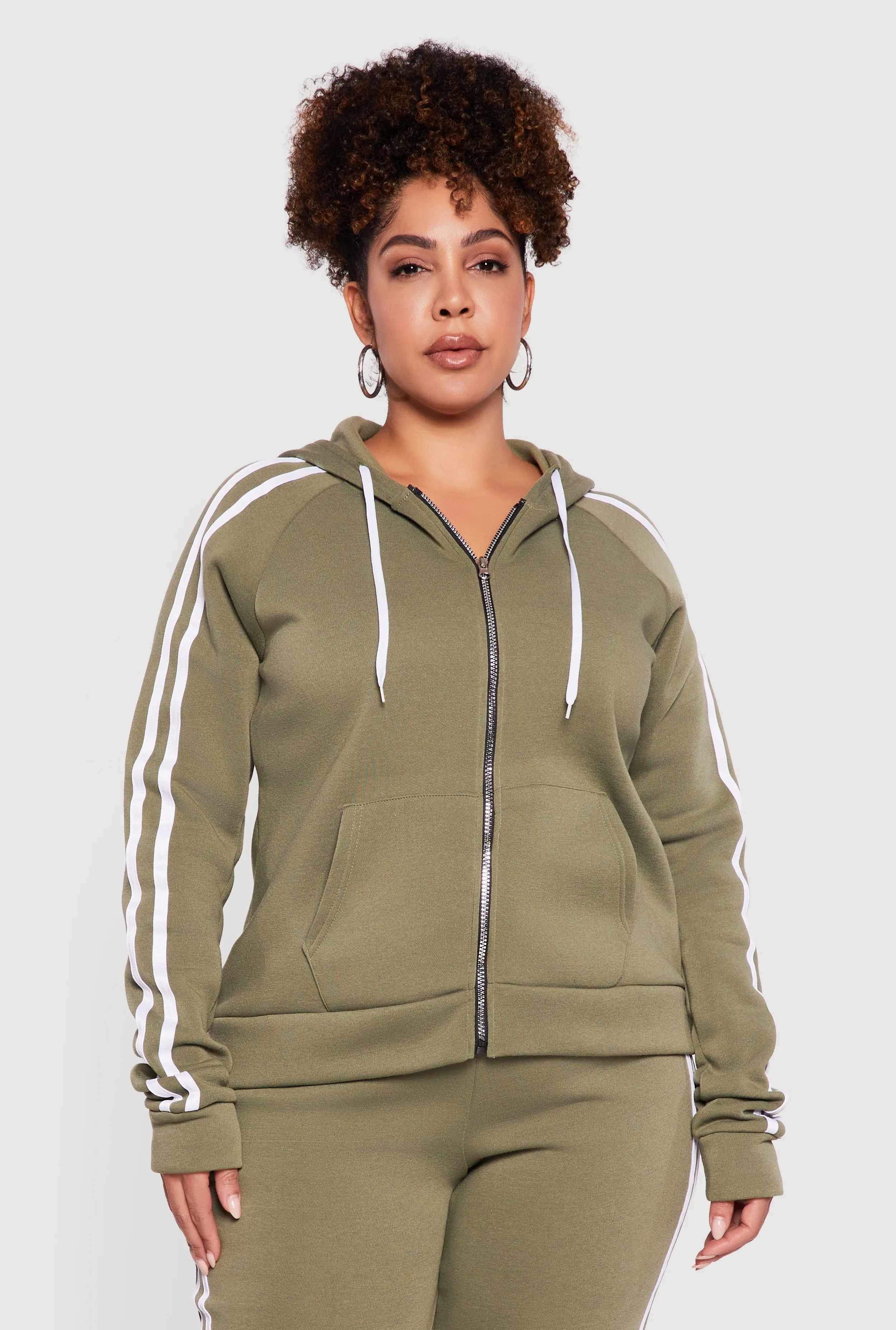 Plus Size Zip Front Hoodie with Varsity Stripe Detail sold by Rainbow