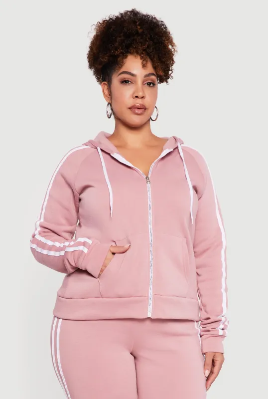 Plus Size Zip Front Hoodie with Varsity Stripe Detail sold by Rainbow