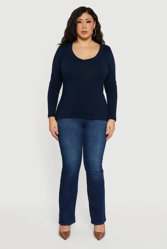 Plus Size Long Sleeve V-Neck Basic Tee sold by Rainbow