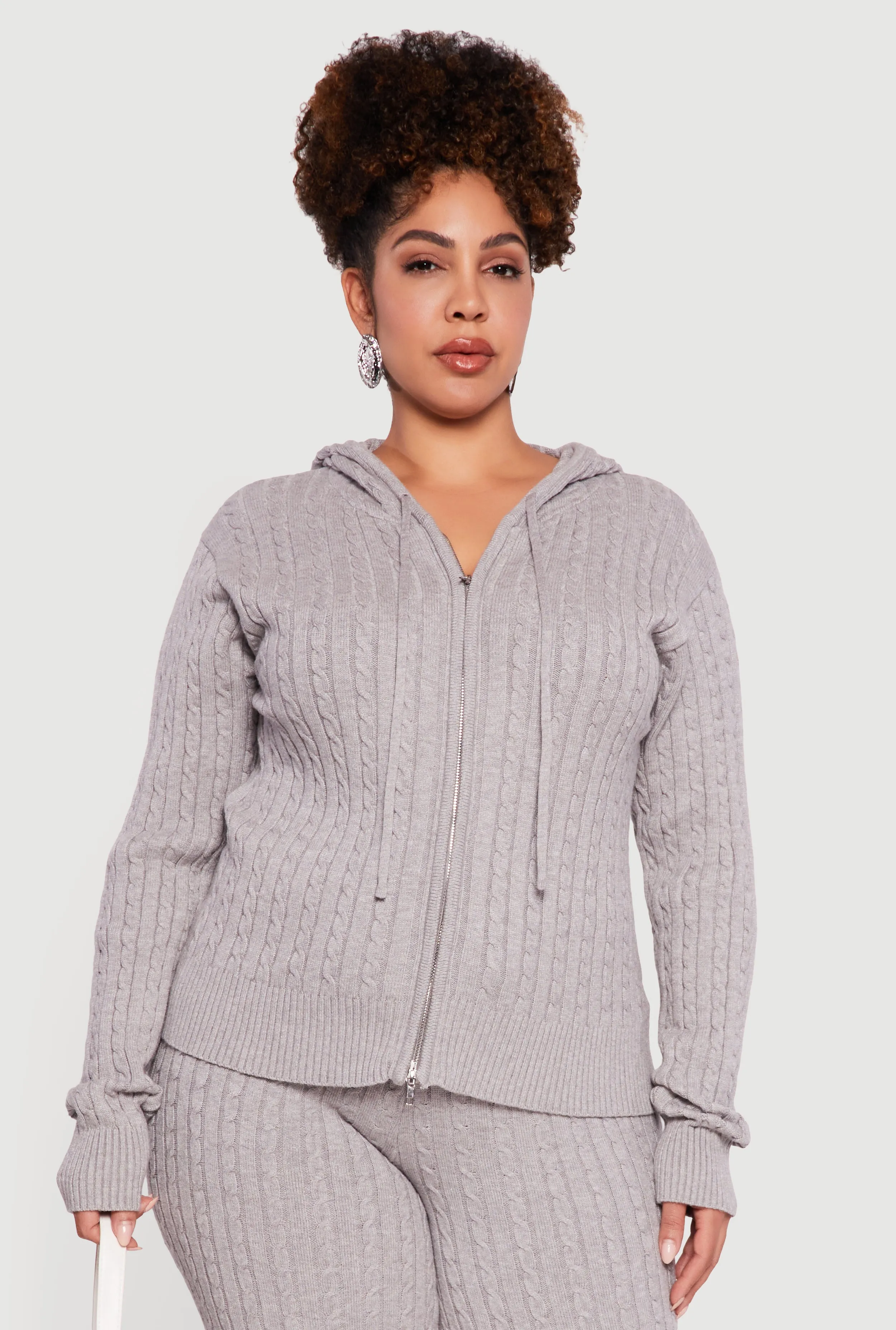 Plus Size Zip Front Cable Knit Sweater Hoodie sold by Rainbow product image thumbnail 2