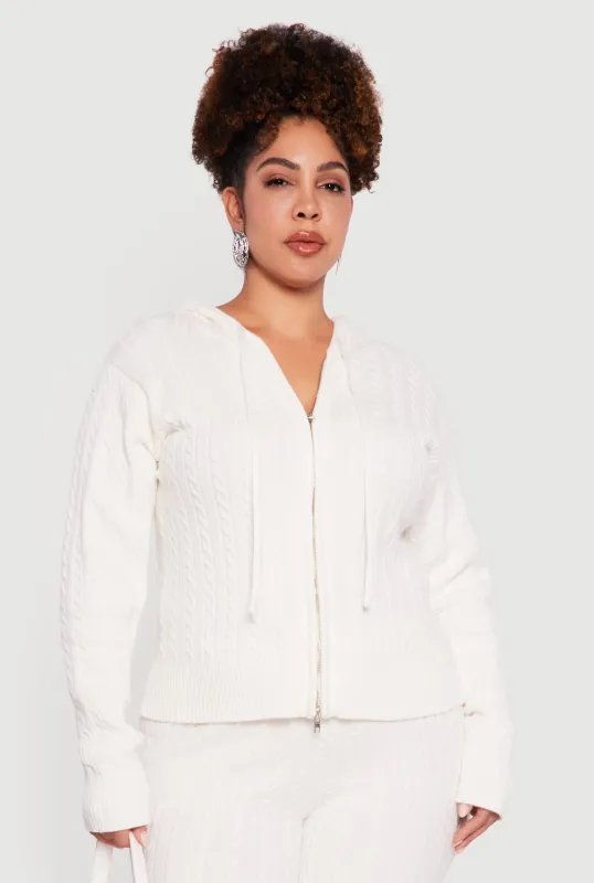 Plus Size Zip Front Cable Knit Sweater Hoodie sold by Rainbow