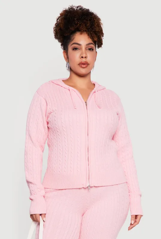 Plus Size Zip Front Cable Knit Sweater Hoodie sold by Rainbow