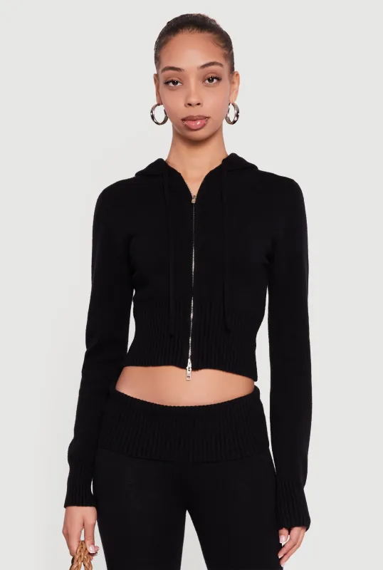 Cropped Ribbed Knit Zip Front Hooded Cardigan sold by Rainbow