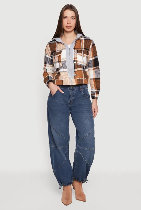 Plaid Zip Front Cropped Hooded Sherpa Shacket sold by Rainbow