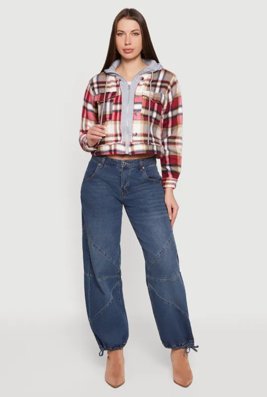 Plaid Zip Front Cropped Hooded Sherpa Shacket sold by Rainbow