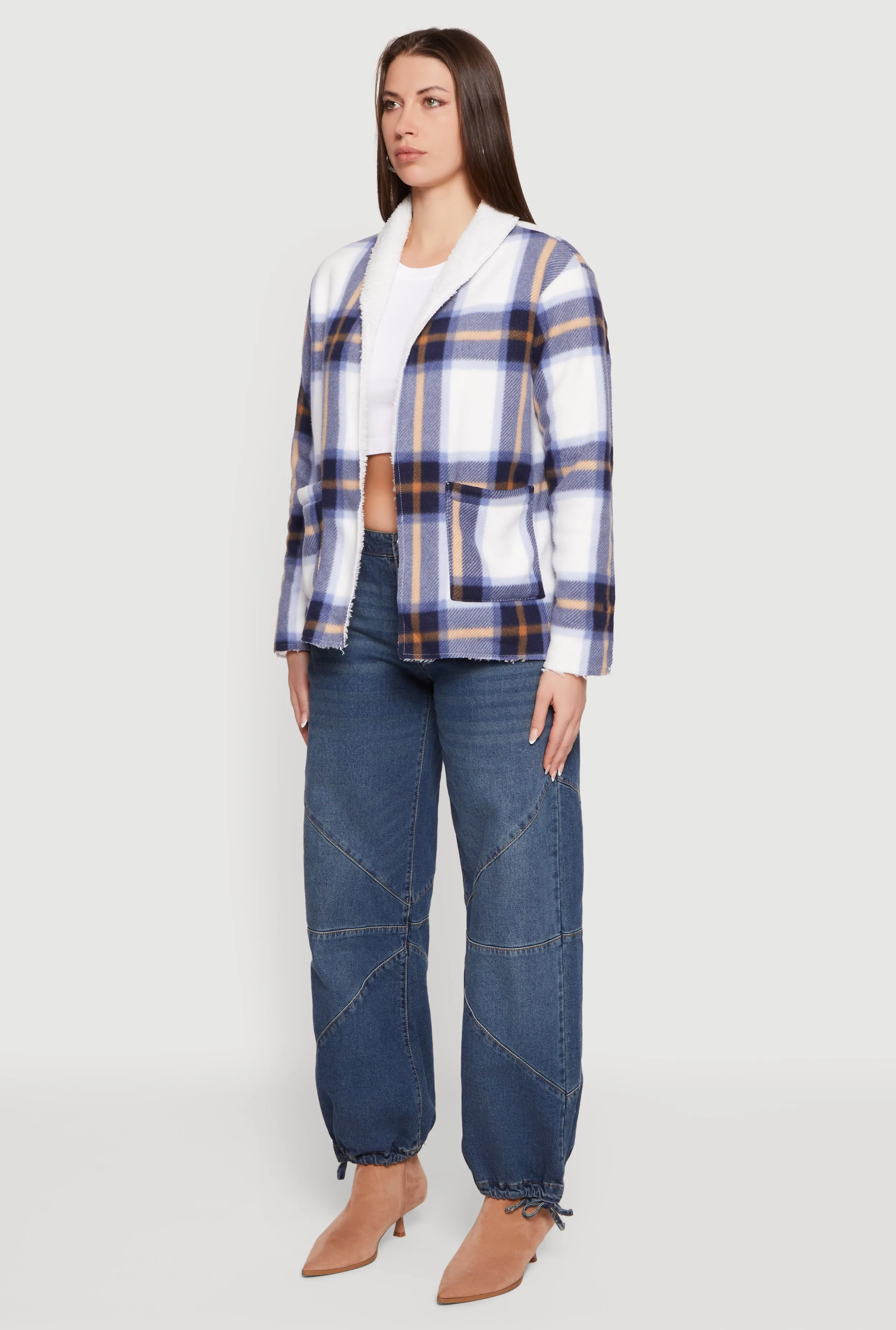 Plaid Sherpa Lined Open Front Shacket sold by Rainbow product image thumbnail 5