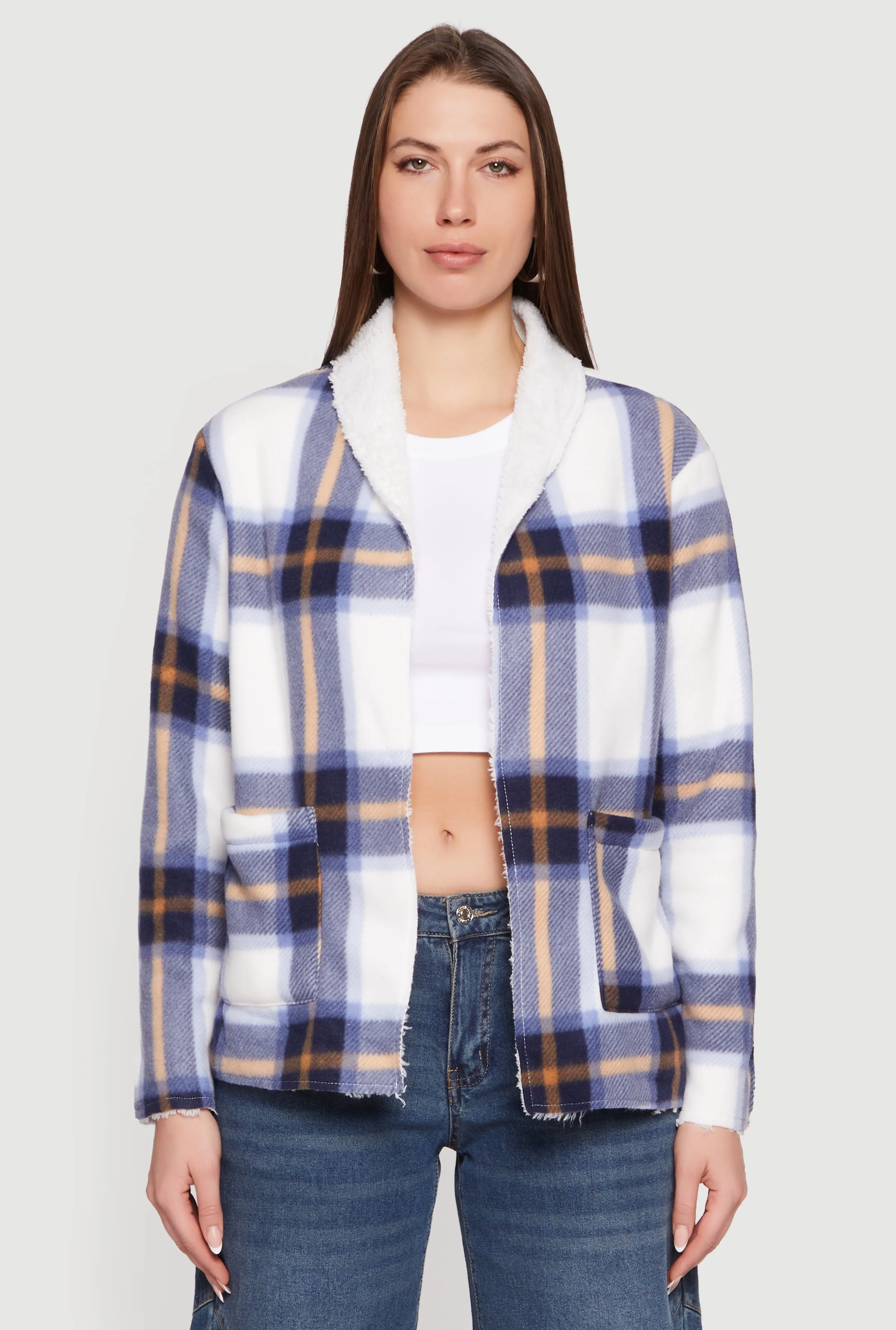 Plaid Sherpa Lined Open Front Shacket sold by Rainbow product image thumbnail 2