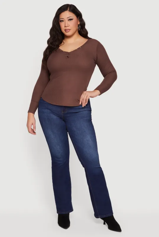 Plus Size Ribbed Knit Snap Button Front Long Sleeve Tee sold by Rainbow