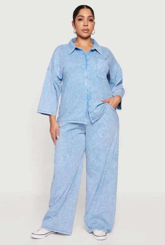 Plus Size High Waisted Acid Wash Wide Leg Pants sold by Rainbow